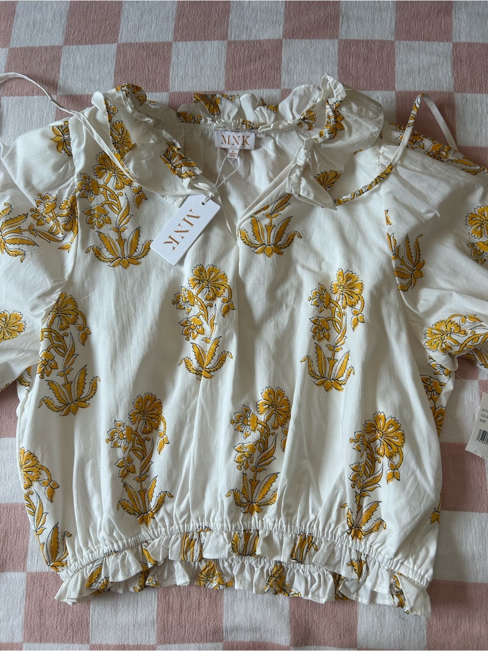 MNK White Floral Puff Sleeve Blouse with Yellow Print